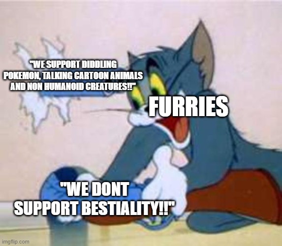 Hypocrisy at its finest: | ''WE SUPPORT DIDDLING POKEMON, TALKING CARTOON ANIMALS AND NON HUMANOID CREATURES!!"; FURRIES; ''WE DONT SUPPORT BESTIALITY!!'' | image tagged in tom the cat shooting himself,anti furry,hypocrisy | made w/ Imgflip meme maker