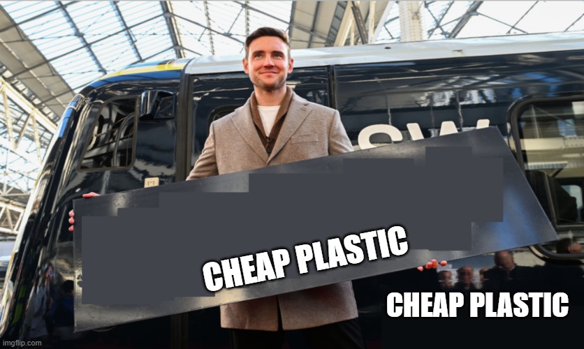 THIS TRAIN IS CHEAP PLASTIC | CHEAP PLASTIC; CHEAP PLASTIC | image tagged in man holding sign | made w/ Imgflip meme maker