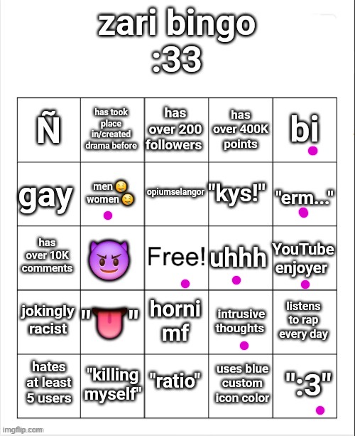 :3 | image tagged in zari's bingo,meme,funny,bingo,memes | made w/ Imgflip meme maker