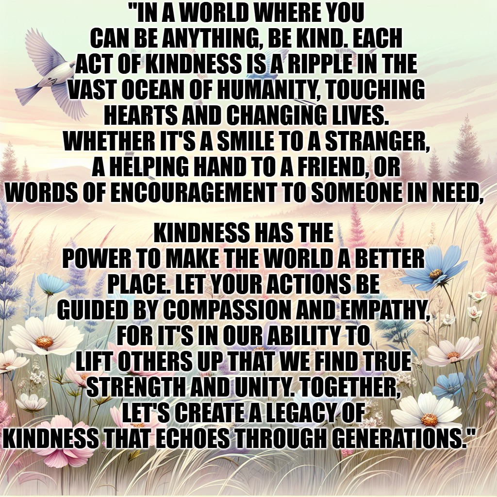 touching hearts and changing lives | "IN A WORLD WHERE YOU CAN BE ANYTHING, BE KIND. EACH ACT OF KINDNESS IS A RIPPLE IN THE VAST OCEAN OF HUMANITY, TOUCHING HEARTS AND CHANGING LIVES. WHETHER IT'S A SMILE TO A STRANGER, A HELPING HAND TO A FRIEND, OR WORDS OF ENCOURAGEMENT TO SOMEONE IN NEED, KINDNESS HAS THE POWER TO MAKE THE WORLD A BETTER PLACE. LET YOUR ACTIONS BE GUIDED BY COMPASSION AND EMPATHY, FOR IT'S IN OUR ABILITY TO LIFT OTHERS UP THAT WE FIND TRUE STRENGTH AND UNITY. TOGETHER, LET'S CREATE A LEGACY OF KINDNESS THAT ECHOES THROUGH GENERATIONS." | image tagged in touching hearts and changing lives,kewlew is the greatest of all time | made w/ Imgflip meme maker