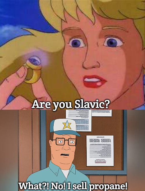 Slavic Hank Hill | Are you Slavic? What?! No! I sell propane! | image tagged in slavic girl 4,slavic,hank hill | made w/ Imgflip meme maker