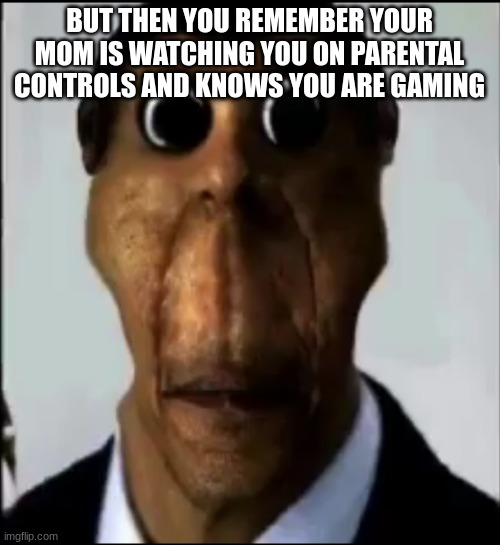 obunga | BUT THEN YOU REMEMBER YOUR MOM IS WATCHING YOU ON PARENTAL CONTROLS AND KNOWS YOU ARE GAMING | image tagged in obunga | made w/ Imgflip meme maker