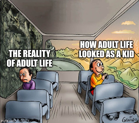 free epic Ponzu | HOW ADULT LIFE LOOKED AS A KID; THE REALITY OF ADULT LIFE | image tagged in two guys on a bus | made w/ Imgflip meme maker