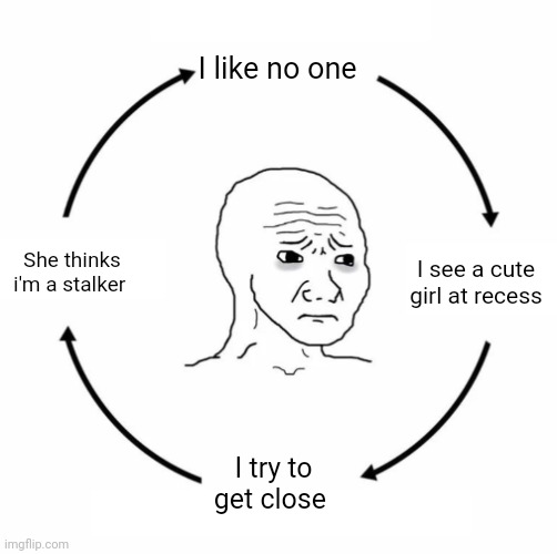 Sad wojak cycle | I like no one; I see a cute girl at recess; She thinks i'm a stalker; I try to get close | image tagged in sad wojak cycle | made w/ Imgflip meme maker