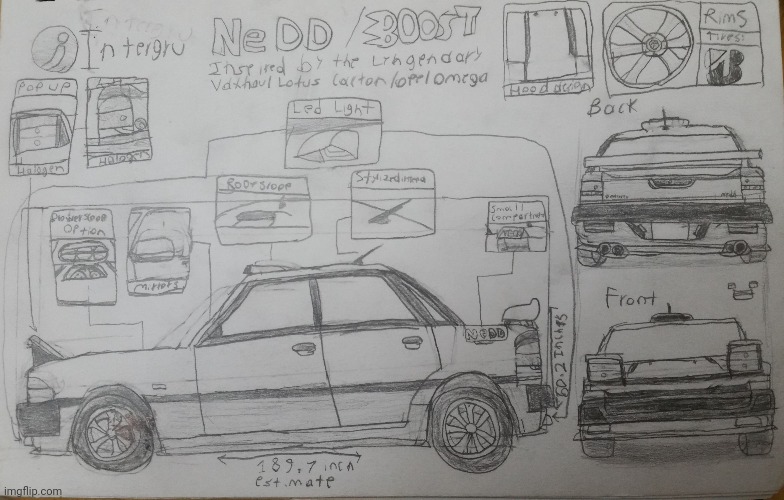 Intergru Nedd: Inspired by the Opel Omega and also designed to have pop up headlights | image tagged in random,concept,original,sketch,cars | made w/ Imgflip meme maker