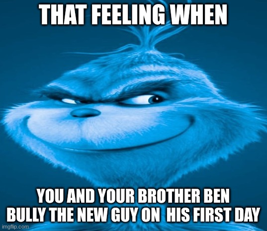 Look at tags if monkey brain no understand | THAT FEELING WHEN; YOU AND YOUR BROTHER BEN BULLY THE NEW GUY ON  HIS FIRST DAY | image tagged in blue grinch,thomas the tank engine,the diseasel | made w/ Imgflip meme maker