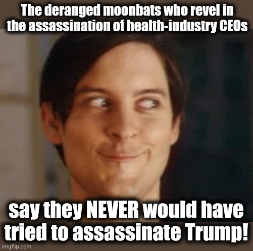 Their Hitler, their fascist, their Great Satan, their destroyer of democracy, is the only person safe from their blood lust?! | The deranged moonbats who revel in the assassination of health-industry CEOs; say they NEVER would have tried to assassinate Trump! | image tagged in memes,spiderman peter parker,trump derangement syndrome,democrats,assassination,gun violence | made w/ Imgflip meme maker