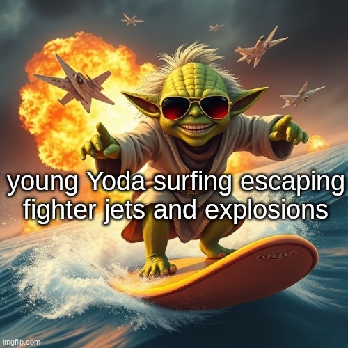 found footage 4k | young Yoda surfing escaping fighter jets and explosions | image tagged in real photo | made w/ Imgflip meme maker