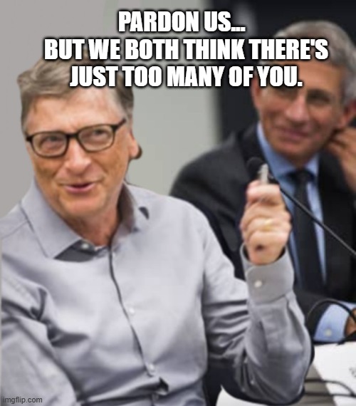 Bill Gates and Dr. Fauci | PARDON US...   BUT WE BOTH THINK THERE'S JUST TOO MANY OF YOU. | image tagged in bill gates and dr fauci | made w/ Imgflip meme maker