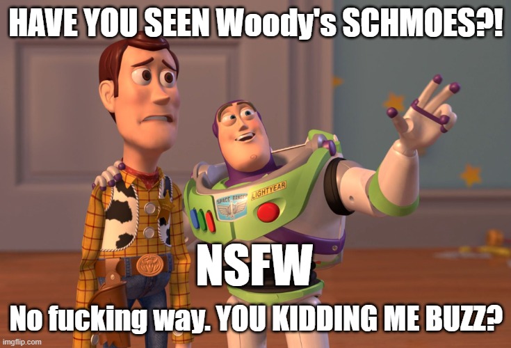 X, X Everywhere Meme | HAVE YOU SEEN Woody's SCHMOES?! No fucking way. YOU KIDDING ME BUZZ? NSFW | image tagged in memes,x x everywhere | made w/ Imgflip meme maker