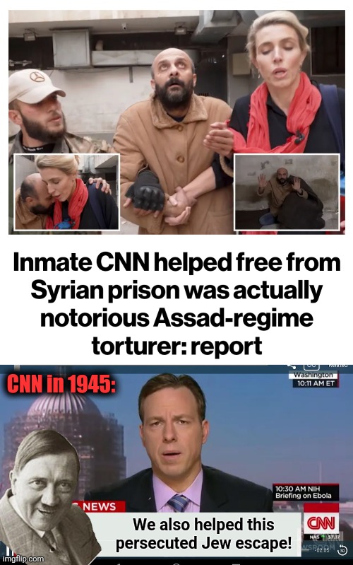 Gullible idiots will be gullible idiots | CNN in 1945:; We also helped this persecuted Jew escape! | image tagged in cnn breaking news template,memes,syria,torturer,assad regime,gullible idiots | made w/ Imgflip meme maker