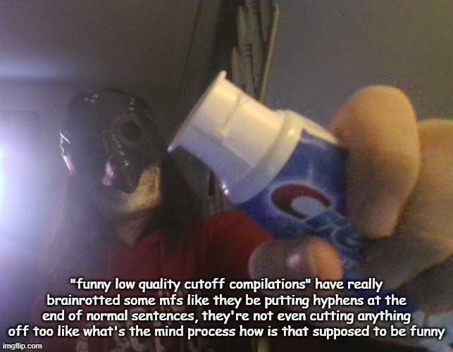 i typed this title with my beak | "funny low quality cutoff compilations" have really brainrotted some mfs like they be putting hyphens at the end of normal sentences, they're not even cutting anything off too like what's the mind process how is that supposed to be funny | image tagged in i typed this title with my beak | made w/ Imgflip meme maker