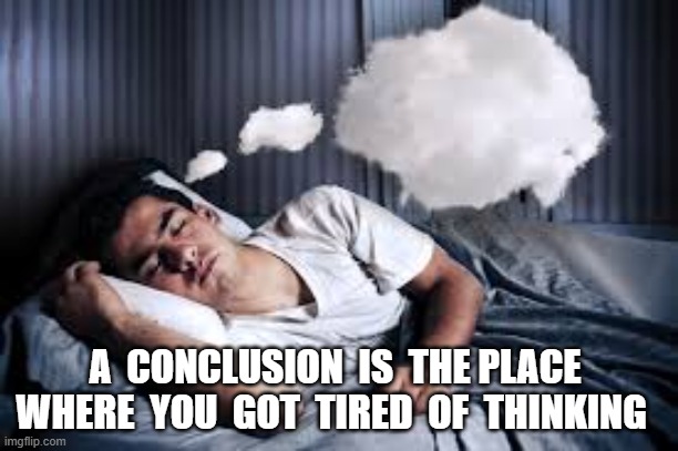Last Thoughts | A  CONCLUSION  IS  THE PLACE  WHERE  YOU  GOT  TIRED  OF  THINKING | image tagged in brain before sleep | made w/ Imgflip meme maker