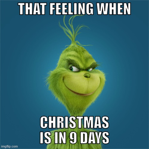 Navidad-Grinch | THAT FEELING WHEN; CHRISTMAS IS IN 9 DAYS | image tagged in navidad-grinch | made w/ Imgflip meme maker