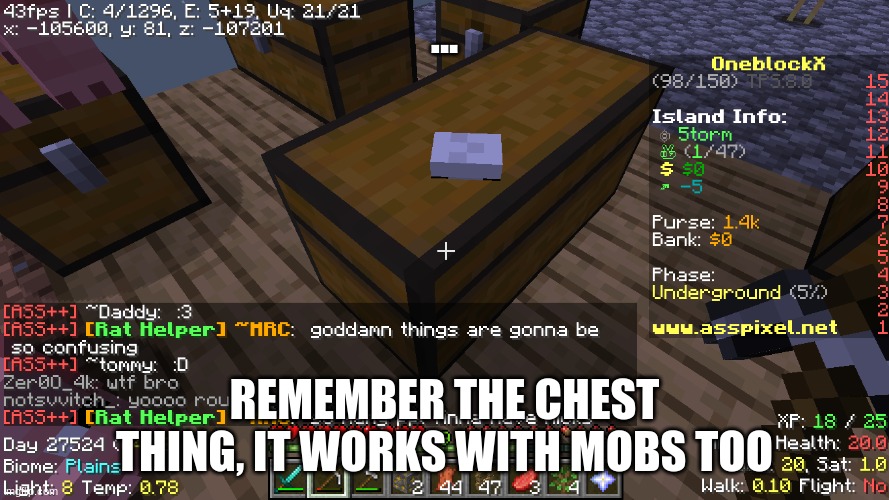 insert title here | ... REMEMBER THE CHEST THING, IT WORKS WITH MOBS TOO | image tagged in memes,minecraft,funny,stop reading the tags | made w/ Imgflip meme maker