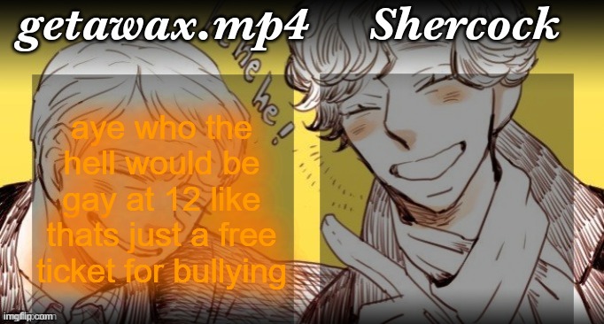 Getawax.mp4 and Shercock | aye who the hell would be gay at 12 like thats just a free ticket for bullying | image tagged in getawax mp4 and shercock | made w/ Imgflip meme maker
