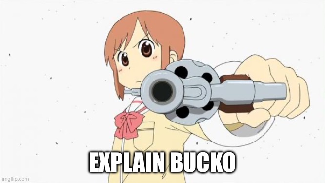 Anime gun point | EXPLAIN BUCKO | image tagged in anime gun point | made w/ Imgflip meme maker