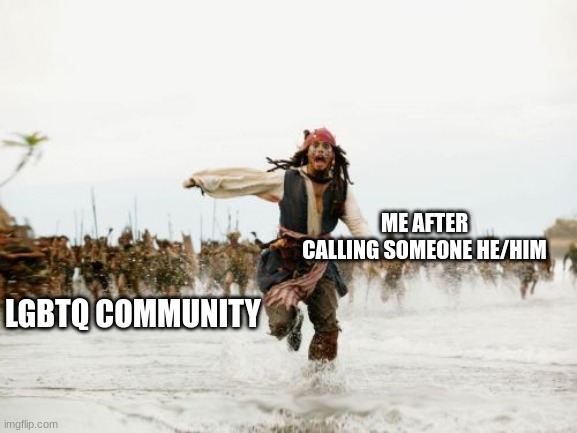 today you almost caught captain jack sparrow | ME AFTER CALLING SOMEONE HE/HIM; LGBTQ COMMUNITY | image tagged in memes,jack sparrow being chased | made w/ Imgflip meme maker