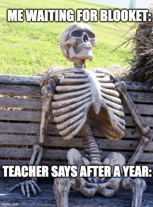 BLOOKET | ME WAITING FOR BLOOKET:; TEACHER SAYS AFTER A YEAR: | image tagged in memes,waiting skeleton | made w/ Imgflip meme maker