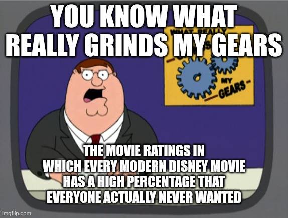 Does it happen everytime? | YOU KNOW WHAT REALLY GRINDS MY GEARS; THE MOVIE RATINGS IN WHICH EVERY MODERN DISNEY MOVIE HAS A HIGH PERCENTAGE THAT EVERYONE ACTUALLY NEVER WANTED | image tagged in memes,peter griffin news,disney,funny | made w/ Imgflip meme maker