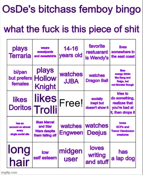 imma kms why did I make this bruh | image tagged in osde femboy bingo idfk | made w/ Imgflip meme maker