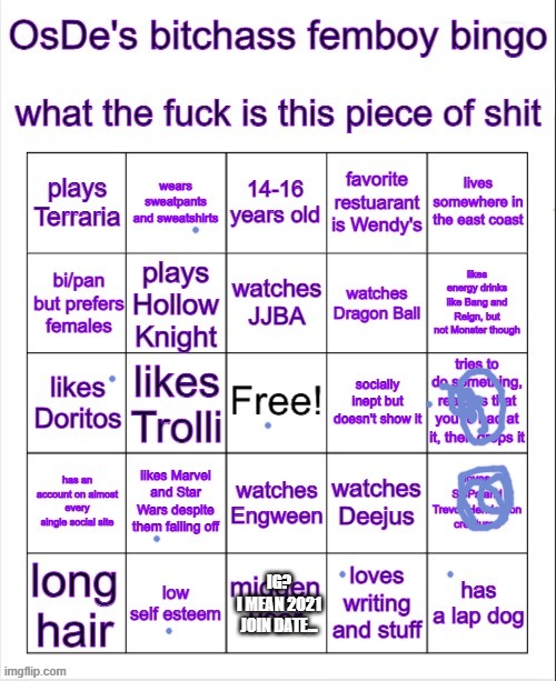OsDe femboy bingo idfk | IG?
I MEAN 2021 JOIN DATE... | image tagged in osde femboy bingo idfk | made w/ Imgflip meme maker