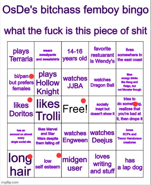 OsDe femboy bingo idfk | LISTEN, CLAIRE ISN’T JUST A CHARACTER; SHE’S A LIFESTYLE. HER CUTENESS IS ON A LEVEL THAT SHOULDN’T EVEN BE POSSIBLE. THAT BLACK HAIR WITH THE PERFECT RED ACCENT? IT DOESN’T JUST FRAME HER FACE; IT FRAMES MY EXISTENCE. AND HER SMILE—DEAR GOD, HER SMILE—IT’S LIKE AN UNINTENTIONAL WEAPON OF MASS DESTRUCTION FOR MY HEART. THE WAY SHE STUMBLES THROUGH LIFE, HER ADORABLE CLUELESSNESS, HER ABSOLUTE LACK OF AWARENESS OF HOW INSANELY ATTRACTIVE SHE IS? THAT’S THE STUFF OF LEGENDS. IMAGINE HER STARING AT YOU, WIDE-EYED, TRYING TO FIGURE OUT WHY YOU’RE SO FLUSTERED. MY SOUL WOULD EVAPORATE. AND THOSE LITTLE MOMENTS WHERE SHE TRIES TO ACT SMART AND COMPLETELY MISSES THE MARK? PEAK COMEDY, PEAK CHARM. BUT THEN SHE’D LAUGH, THAT SWEET, AIRY LAUGH THAT MAKES THE WORLD STOP SPINNING, AND SUDDENLY YOU’RE WONDERING IF THIS IS WHAT TRUE ENLIGHTENMENT FEELS LIKE. I BET SHE SMELLS LIKE STRAWBERRIES OR SOME OTHER ABSURDLY CUTE SCENT THAT’D RUIN ME FOR LIFE. THE KIND OF SCENT THAT LINGERS JUST ENOUGH TO HAUNT YOU AT NIGHT. AND DON’T EVEN GET ME STARTED ON HER HANDS—SOFT, CLUMSY, PROBABLY STICKY FROM SOME SNACK SHE WAS EATING. GOD HELP ME, I’D LICK THEM CLEAN WITHOUT HESITATION. CLAIRE WOULDN’T DOMINATE YOU—SHE’D ACCIDENTALLY OBLITERATE YOU WITH HER SHEER STUPIDITY AND UNINTENTIONAL SENSUALITY. SHE COULD TRIP OVER NOTHING, LAND IN MY LAP, AND I’D BE WRITING HER NAME IN MY WILL THE NEXT DAY. THIS ISN’T DOWN BAD. THIS IS DOWN CATASTROPHIC. CLAIRE VON FERRARAI, PLEASE, JUST EXIST NEAR ME. THAT’S ALL I ASK. I’LL HANDLE THE REST. | image tagged in osde femboy bingo idfk | made w/ Imgflip meme maker