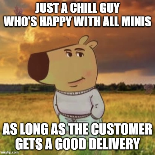 Chill guy | JUST A CHILL GUY WHO'S HAPPY WITH ALL MINIS; AS LONG AS THE CUSTOMER GETS A GOOD DELIVERY | image tagged in chill guy | made w/ Imgflip meme maker