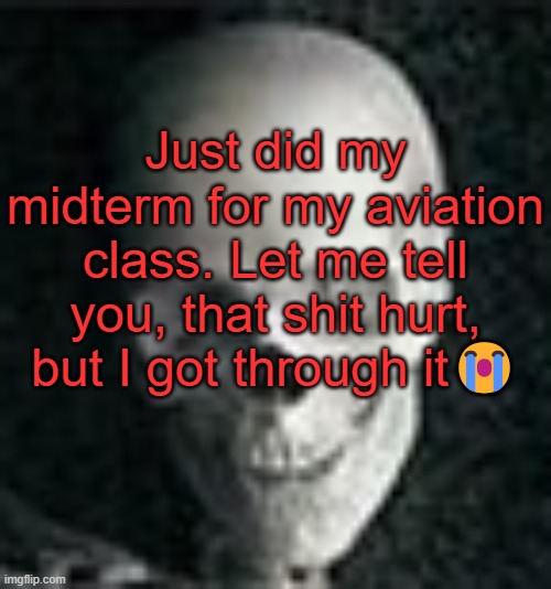 . | Just did my midterm for my aviation class. Let me tell you, that shit hurt, but I got through it😭 | image tagged in skull | made w/ Imgflip meme maker