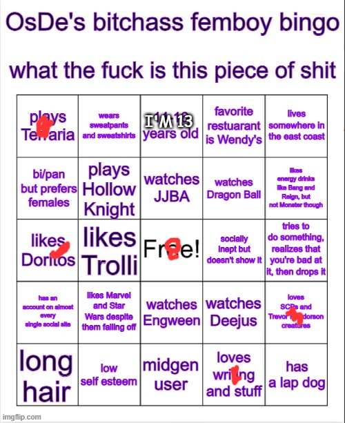 OsDe femboy bingo idfk | I'M 13 | image tagged in osde femboy bingo idfk | made w/ Imgflip meme maker