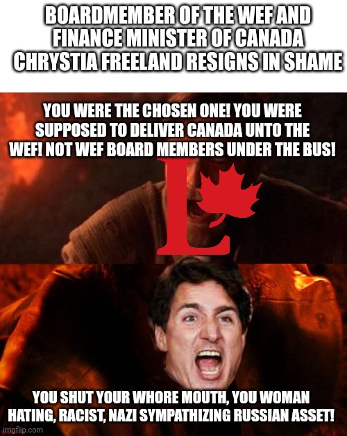 BOARDMEMBER OF THE WEF AND FINANCE MINISTER OF CANADA CHRYSTIA FREELAND RESIGNS IN SHAME; YOU WERE THE CHOSEN ONE! YOU WERE SUPPOSED TO DELIVER CANADA UNTO THE WEF! NOT WEF BOARD MEMBERS UNDER THE BUS! YOU SHUT YOUR WHORE MOUTH, YOU WOMAN HATING, RACIST, NAZI SYMPATHIZING RUSSIAN ASSET! | image tagged in blank white template,anakin and obi wan | made w/ Imgflip meme maker