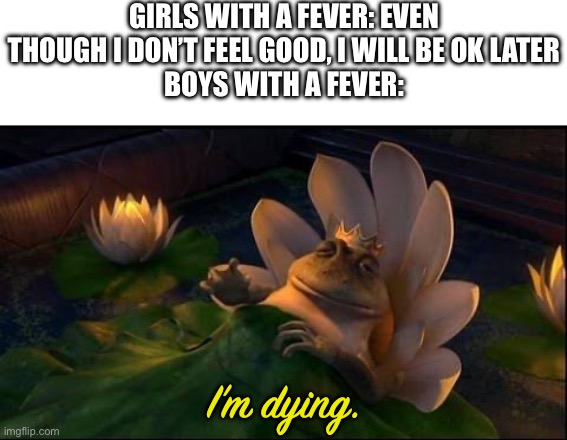 It sure does feel like it | GIRLS WITH A FEVER: EVEN THOUGH I DON’T FEEL GOOD, I WILL BE OK LATER
BOYS WITH A FEVER:; I’m dying. | image tagged in shrek frog dying no text | made w/ Imgflip meme maker