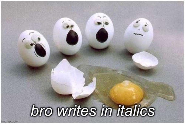 This Broken Egg | bro writes in italics | image tagged in this broken egg | made w/ Imgflip meme maker