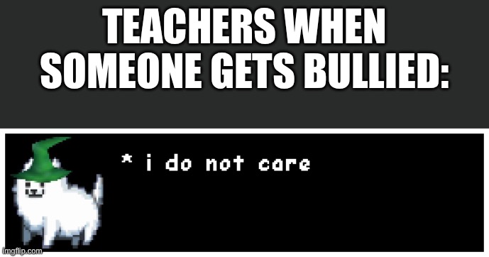 Dog Wiz no care | TEACHERS WHEN SOMEONE GETS BULLIED: | image tagged in dog wiz no care | made w/ Imgflip meme maker