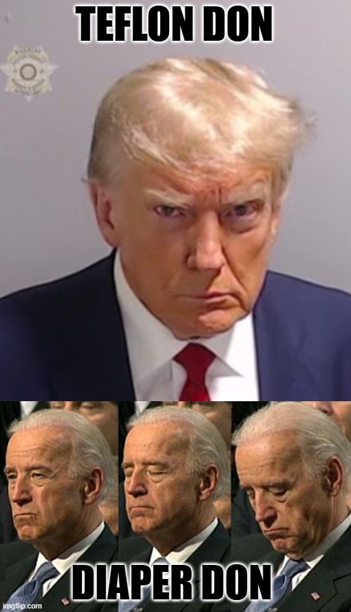 TEFLON DON; DIAPER DON | image tagged in donald trump mugshot,joe biden sleeping | made w/ Imgflip meme maker