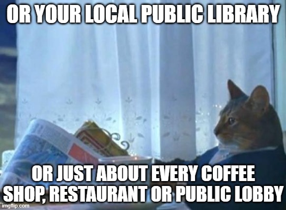 Cat newspaper | OR YOUR LOCAL PUBLIC LIBRARY OR JUST ABOUT EVERY COFFEE SHOP, RESTAURANT OR PUBLIC LOBBY | image tagged in cat newspaper | made w/ Imgflip meme maker