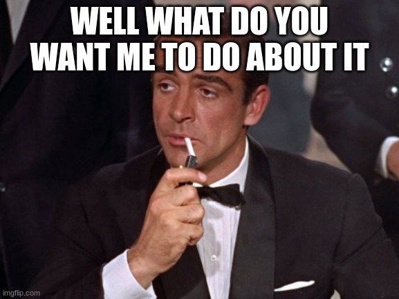 james bond | WELL WHAT DO YOU WANT ME TO DO ABOUT IT | image tagged in james bond | made w/ Imgflip meme maker