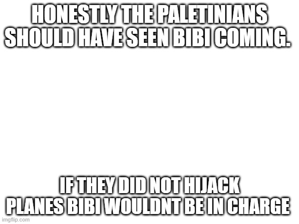 Oh gee what could go wrong | HONESTLY THE PALETINIANS SHOULD HAVE SEEN BIBI COMING. IF THEY DID NOT HIJACK PLANES BIBI WOULDNT BE IN CHARGE | image tagged in memes | made w/ Imgflip meme maker