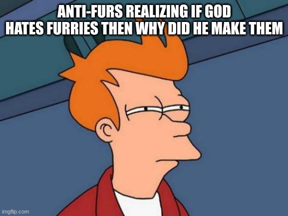 he loves all his creations equally | ANTI-FURS REALIZING IF GOD HATES FURRIES THEN WHY DID HE MAKE THEM | image tagged in memes,futurama fry | made w/ Imgflip meme maker