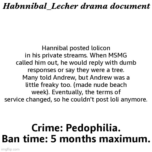 Hannibal posted lolicon in his private streams. When MSMG called him out, he would reply with dumb responses or say they were a tree. Many told Andrew, but Andrew was a little freaky too. (made nude beach week). Eventually, the terms of service changed, so he couldn't post loli anymore. Habnnibal_Lecher drama document; Crime: Pedophilia. Ban time: 5 months maximum. | image tagged in drama document | made w/ Imgflip meme maker