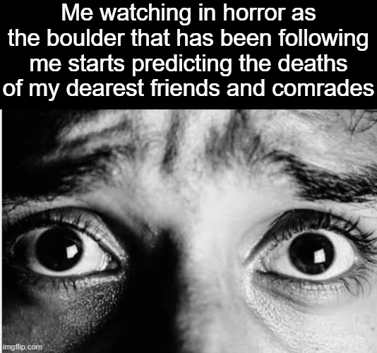 . | Me watching in horror as the boulder that has been following me starts predicting the deaths of my dearest friends and comrades | image tagged in unnerved stare | made w/ Imgflip meme maker