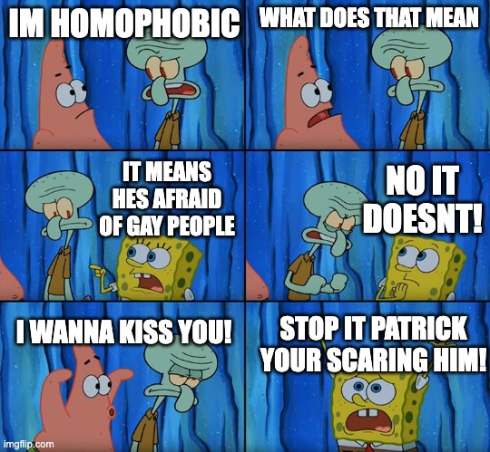 my brain just exploded... (im not homophobic btw and i was outta ideas again) | IM HOMOPHOBIC; WHAT DOES THAT MEAN; NO IT DOESNT! IT MEANS HES AFRAID OF GAY PEOPLE; I WANNA KISS YOU! STOP IT PATRICK YOUR SCARING HIM! | image tagged in stop it patrick you're scaring him,memes,funny,offensive,homophobia,wtf | made w/ Imgflip meme maker