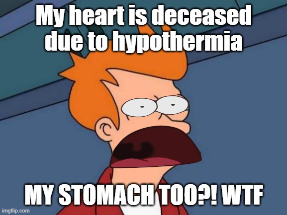 Futurama Fry Meme | My heart is deceased due to hypothermia; MY STOMACH TOO?! WTF | image tagged in memes,futurama fry | made w/ Imgflip meme maker