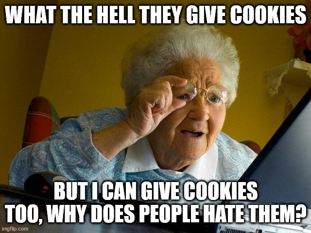 Grandma Finds The Internet | WHAT THE HELL THEY GIVE COOKIES; BUT I CAN GIVE COOKIES TOO, WHY DOES PEOPLE HATE THEM? | image tagged in memes,grandma finds the internet,cookies,funny | made w/ Imgflip meme maker