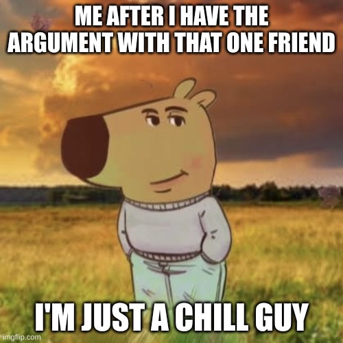 Chill guy | ME AFTER I HAVE THE ARGUMENT WITH THAT ONE FRIEND; I'M JUST A CHILL GUY | image tagged in chill guy | made w/ Imgflip meme maker