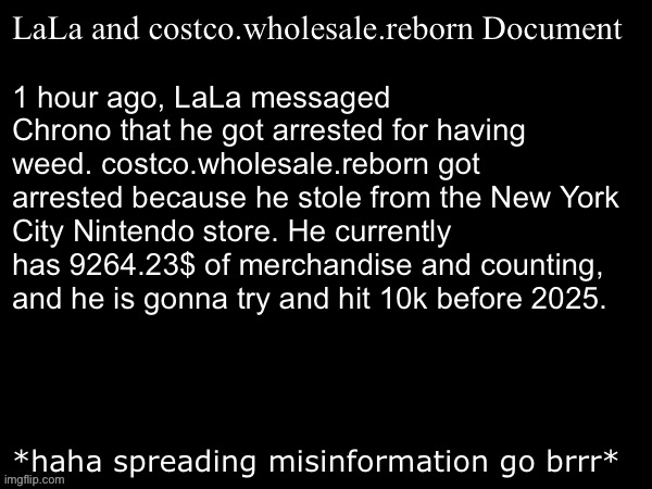 Blank Document (Dark Mode) | LaLa and costco.wholesale.reborn Document; 1 hour ago, LaLa messaged Chrono that he got arrested for having weed. costco.wholesale.reborn got arrested because he stole from the New York City Nintendo store. He currently has 9264.23$ of merchandise and counting, and he is gonna try and hit 10k before 2025. *haha spreading misinformation go brrr* | image tagged in blank document dark mode | made w/ Imgflip meme maker