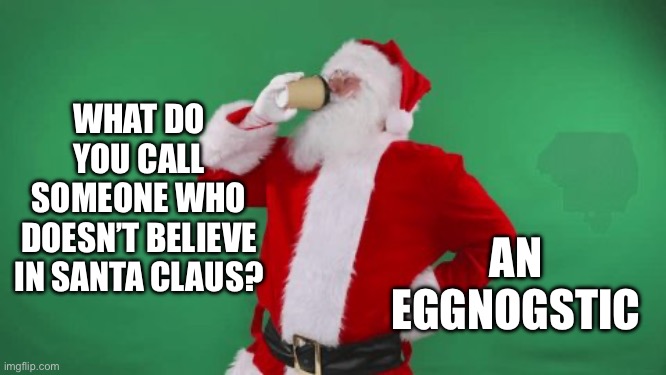 Eggnogstic | WHAT DO YOU CALL SOMEONE WHO DOESN’T BELIEVE IN SANTA CLAUS? AN EGGNOGSTIC | image tagged in santa claus,believe,eggnog | made w/ Imgflip meme maker