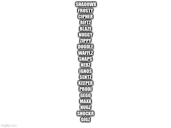 should I use one of these | SHADOWX
FROSTY
CIPHER
RIFTZ
BLAZE
NUGGY
ZIPPY
DOODLE
WAFFLZ
SNAPS
NEBZ
IGNOS
SENTZ
KEEPER
PRODI
GEGO
MAXX
NUGZ
SHOCKR
GIGZ | made w/ Imgflip meme maker