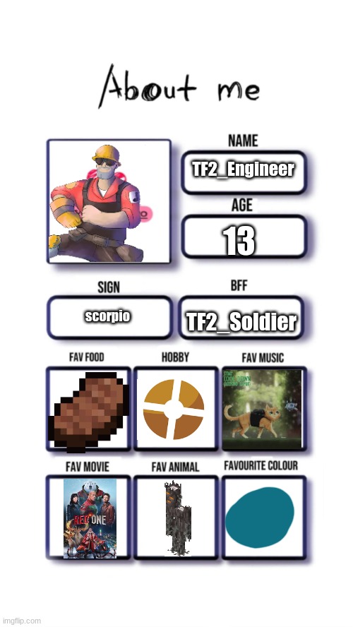 About me | TF2_Engineer; 13; TF2_Soldier; scorpio | image tagged in about me | made w/ Imgflip meme maker