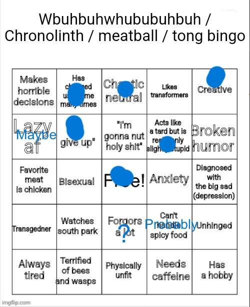 Chronolinth Bingo | Maybe; ? Probably | image tagged in chronolinth bingo | made w/ Imgflip meme maker